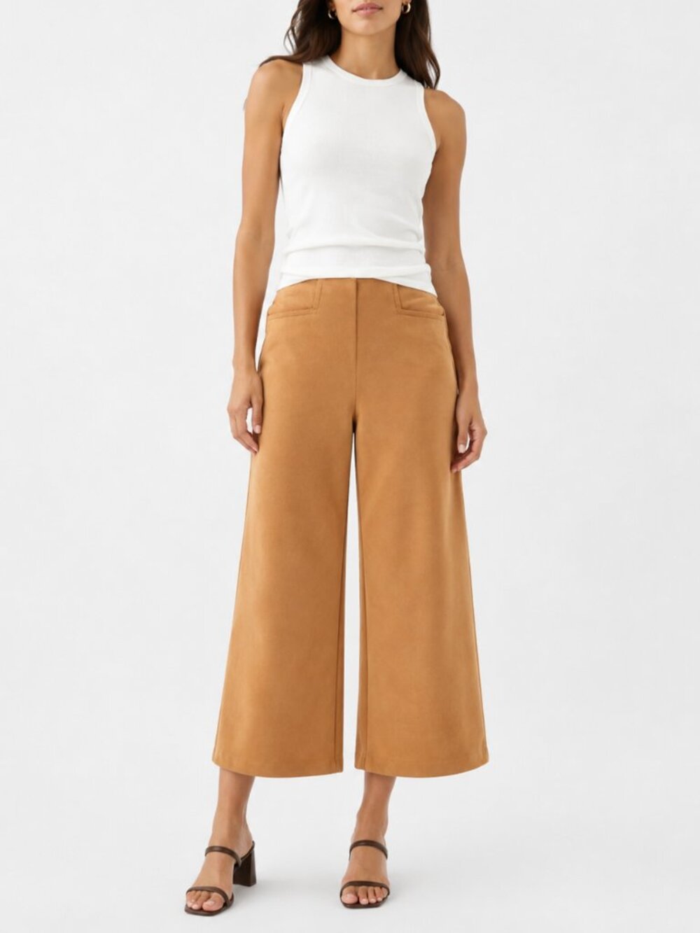 NWT T Tahari Camel Wide Leg Faux Suede High Rise Culotte Crop Fall Pant M